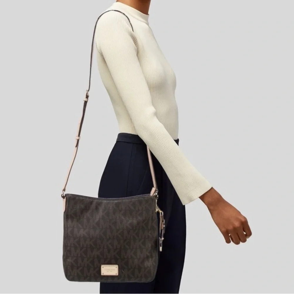 Michael Kors Brown Logo Printer Leather Crossbody Bag Medium Size